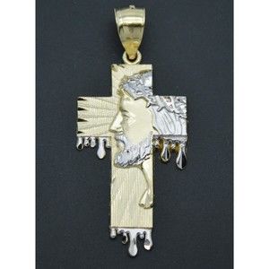 Real 10K Solid Yellow-White Gold 3D Textured Jesus Head Cross Pendant 3.2gr